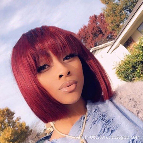 ISEE Hot Sale 99J Red Burgundy Short BOB Human Hair Wigs With Bangs Brazilian Hair Full Machine Glueless Wigs For Women